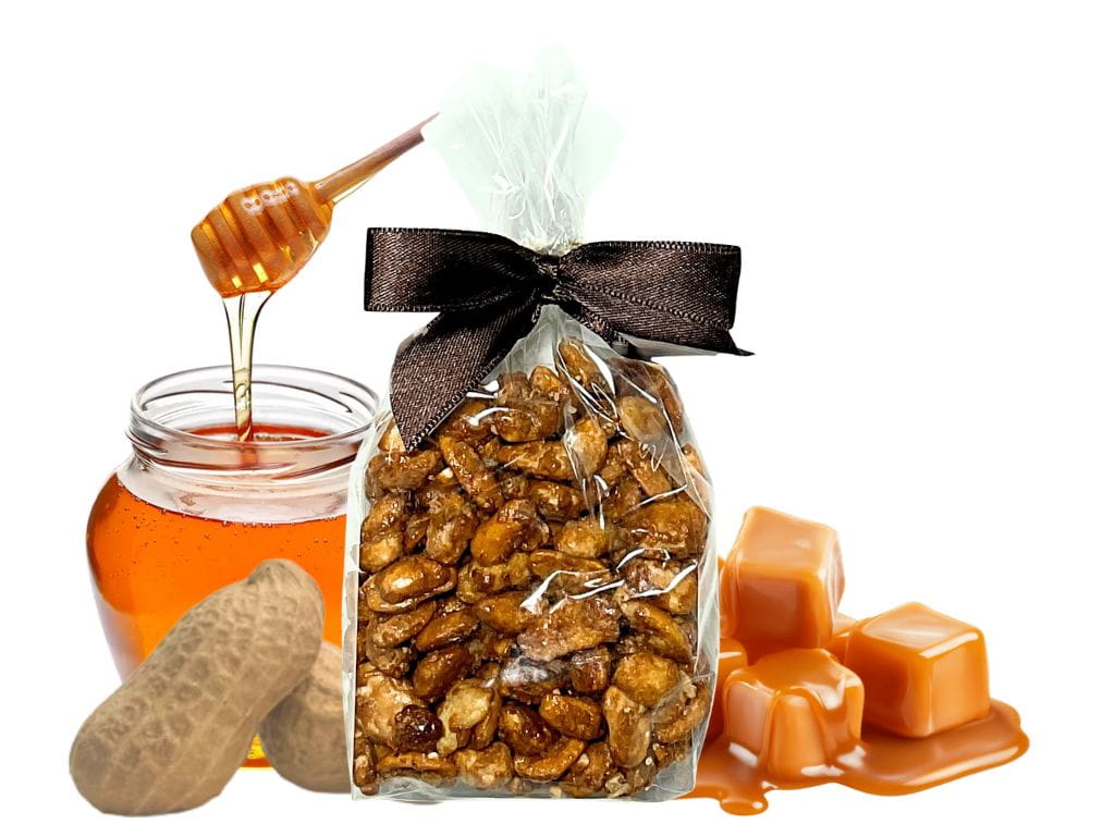 Orzeszki ziemne prażone w karmelu z miodem słodka przekąska w celafonie 100g z kokardką