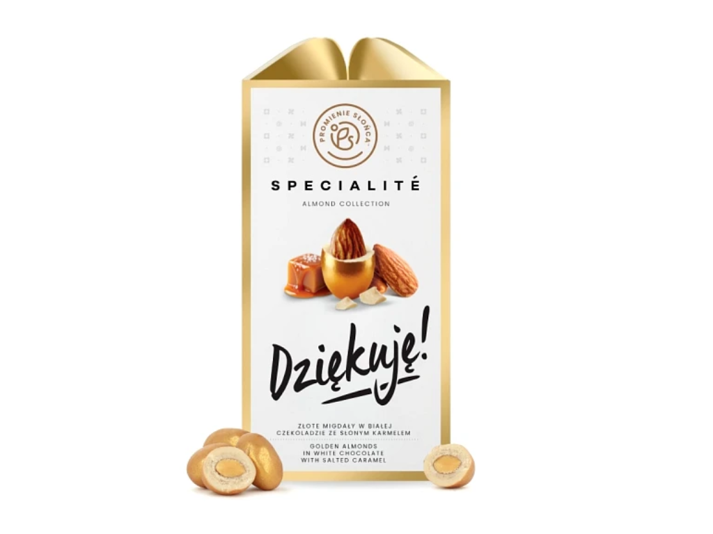 Złote eleganckie migdały w białej czekoladzie z nutą słonego karmelu, pyszne, eleganckie, premium