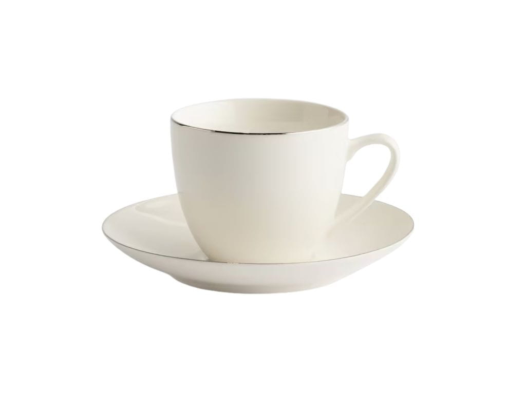 biała porcelanowa klasyczna filiżanka ze srebrnym rantem