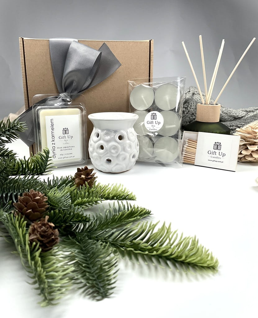 zestaw na jesienne wieczory, kominek wosk sojowy zapachowy, zapałki i tealight wszystko w jednym miejscu
