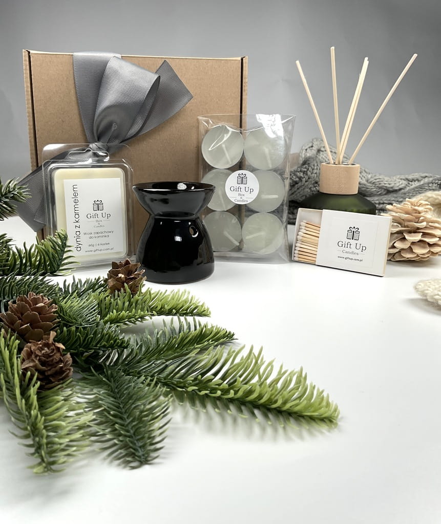 zestaw gotowy do użycia, kominek porcelanowy czarny naturalny zapachowy wosk sojowy zapałki podgrzewacz tealight
