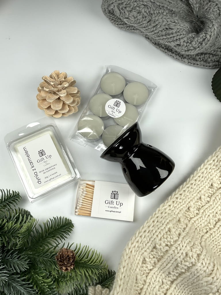 zestaw gotowy do użycia, kominek porcelanowy czarny naturalny zapachowy wosk sojowy zapałki podgrzewacz tealight