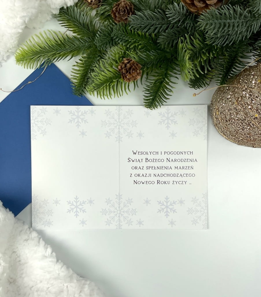 kartka, karnet świąteczna na boże narodzenie z życzeniami, niebieska granatowa koperta, w śnieżynki, minimalistyczny design