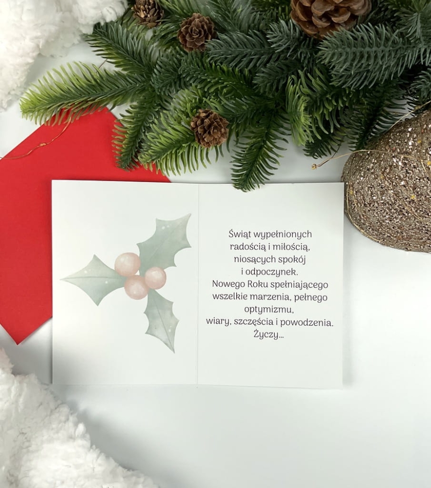 kartka, karnet świąteczna na boże narodzenie z życzeniami, czerwona koperta, ze świątecznymi prezentami, minimalistyczny design