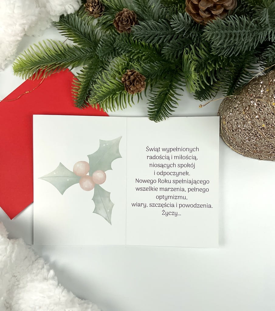 kartka, karnet świąteczna na boże narodzenie z życzeniami, czerwona koperta, ze świątecznymi prezentami, minimalistyczny design