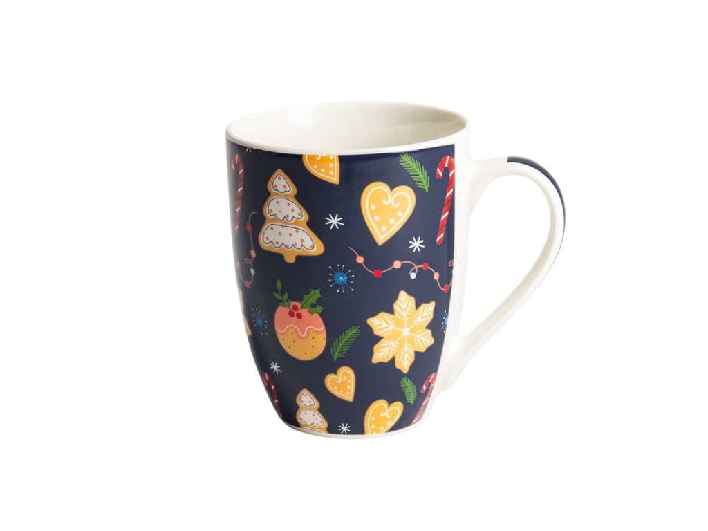 Świąteczny kubek porcelanowy granatowy w motywy Bożego Narodzenia. Elegancki, trwały, idealny do kawy, herbaty i kakao. Piękny prezent na Święta, wprowadza zimowy i przytulny klimat.