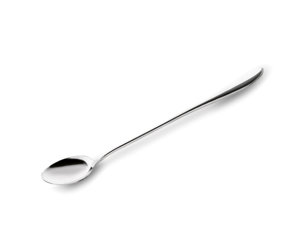 Srebrna długa łyżeczka koktajlowa ze stali nierdzewnej. Idealna do latte, kaw warstwowych, deserów, lodów i koktajli. Elegancki, stylowy dodatek do każdej zastawy.