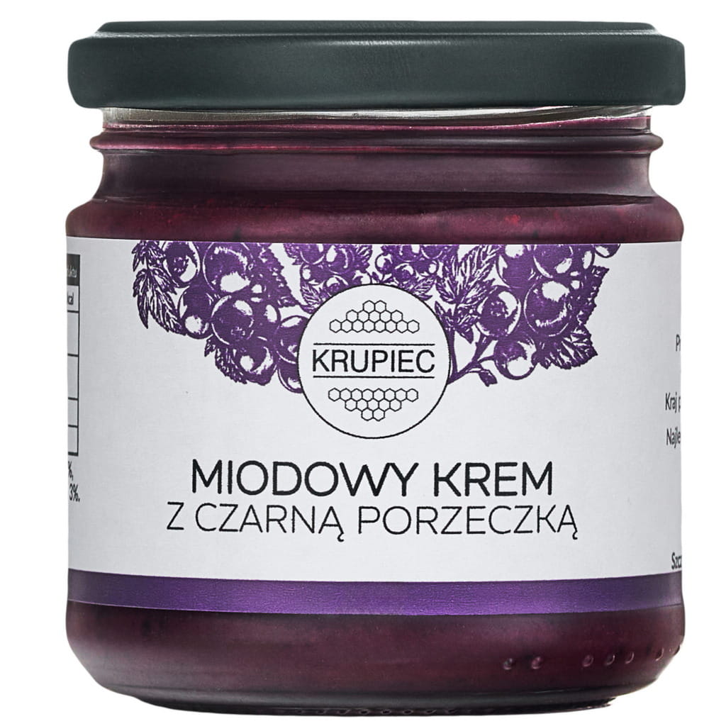 Naturalny miodowy krem z czarną porzeczką. Skład: miód wielokwiatowy 96%, czarna porzeczka liofilizowana 4%. Owocowy, zdrowy krem bez cukru i dodatków.