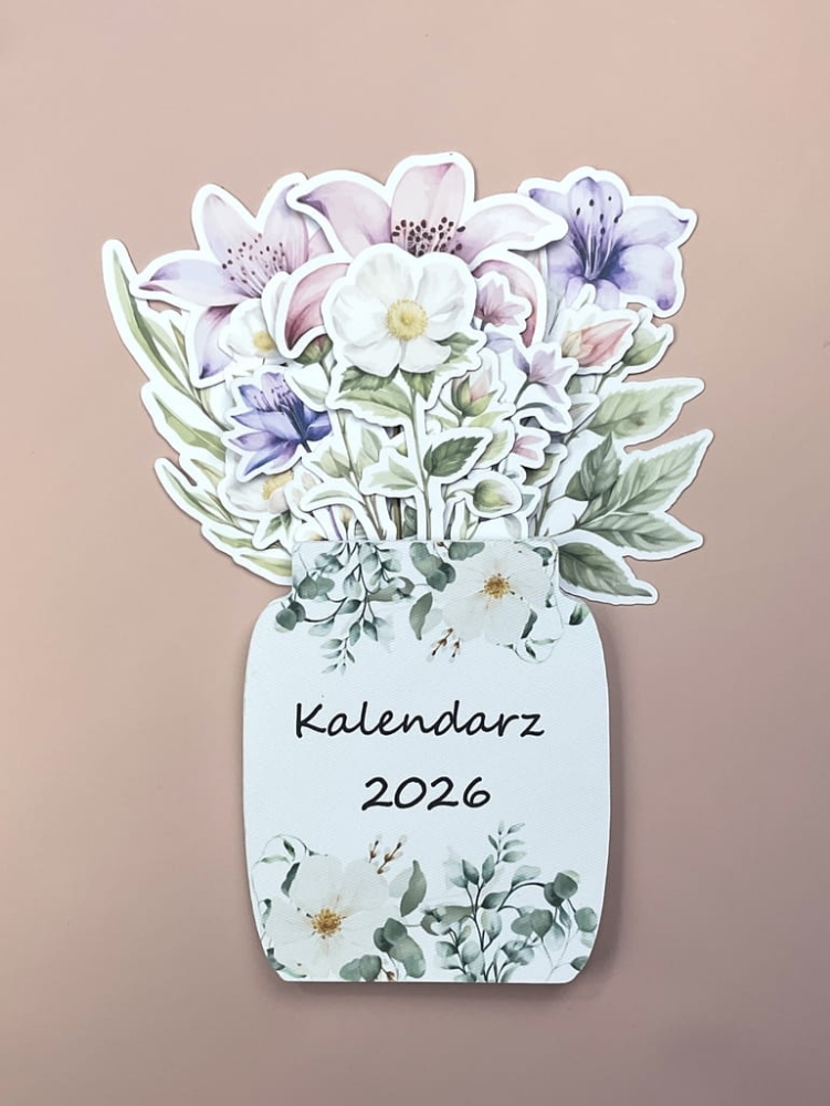 Ekologiczny kalendarz biurkowy wykonany w całości z papieru. Kalendarz w formie kwiatowego bukietu, każdy miesiąc to inny kwiat. Papierowa podstawka, wersja eco, idealny na prezent.