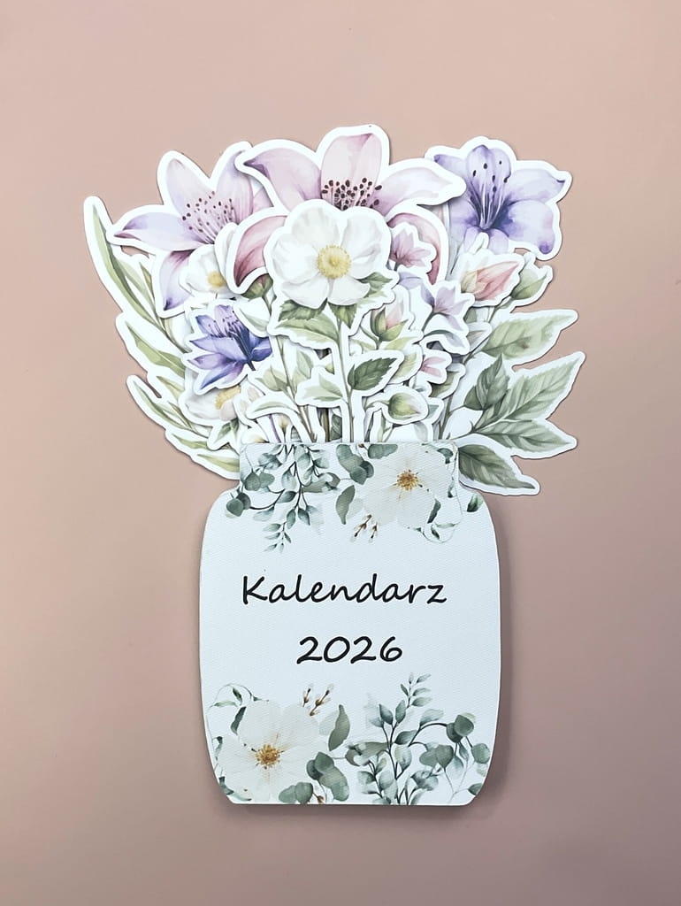 Ekologiczny kalendarz biurkowy wykonany w całości z papieru. Kalendarz w formie kwiatowego bukietu, każdy miesiąc to inny kwiat. Papierowa podstawka, wersja eco, idealny na prezent.