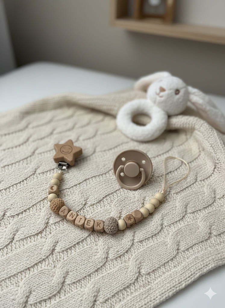 Unikalna zawieszka do smoczka z drewnianych koralików, ręcznie wykonana i personalizowana imieniem dziecka. Naturalne materiały i staranne wykonanie.