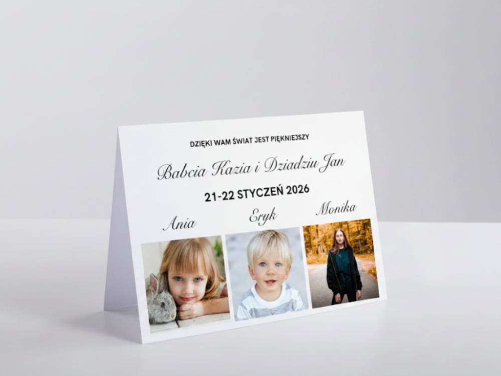 Prezent na Dzień Babci i Dziadka – personalizowana kartka ze zdjęciem dzieci, piękny druk, klasyczna forma i sentymentalna pamiątka na lata.
