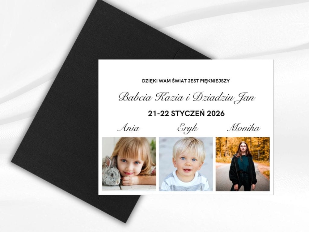 Kartka okolicznościowa na Dzień Babci i Dziadka z fotografią wnuka, wysoka jakość druku, satynowy papier i elegancka koperta w zestawie.