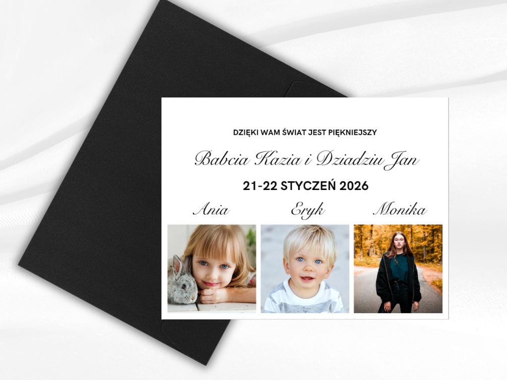 Kartka okolicznościowa na Dzień Babci i Dziadka z fotografią wnuka, wysoka jakość druku, satynowy papier i elegancka koperta w zestawie.
