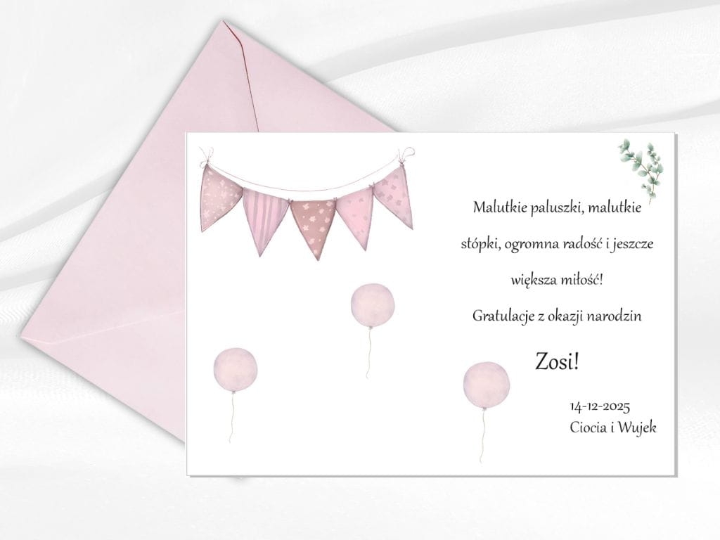 Personalizowana kartka okolicznościowa dla dziewczynki na narodziny, delikatny design, wysoka jakość druku i elegancka koperta w zestawie.
