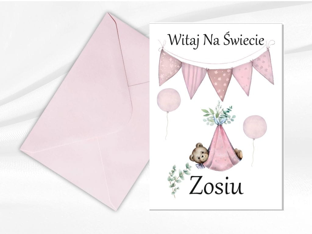 Prezent na narodziny dziewczynki – kartka „Witaj na świecie” z personalizacją, zdjęciem dziecka i luksusowym satynowym papierem.