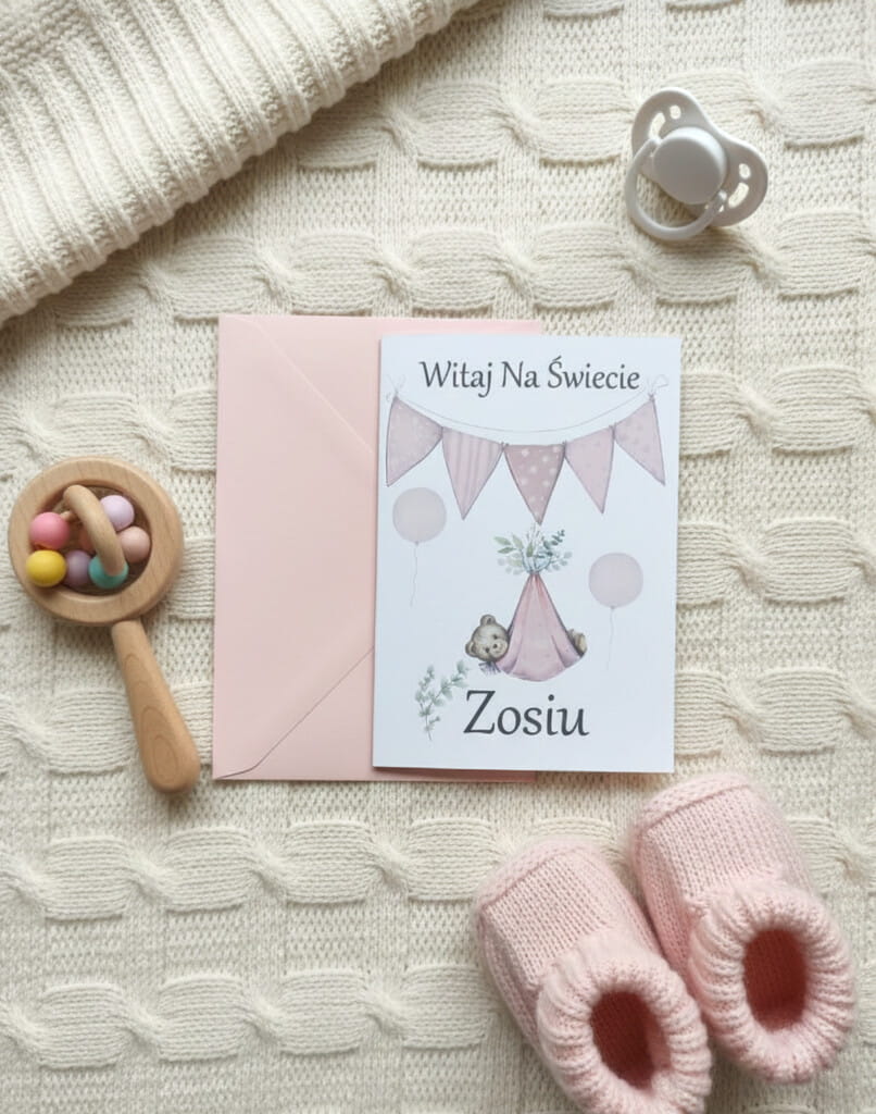 Kartka „Witaj na świecie” dla dziewczynki – personalizowana pamiątka narodzin z imieniem i zdjęciem, elegancki druk na grubym satynowym papierze.