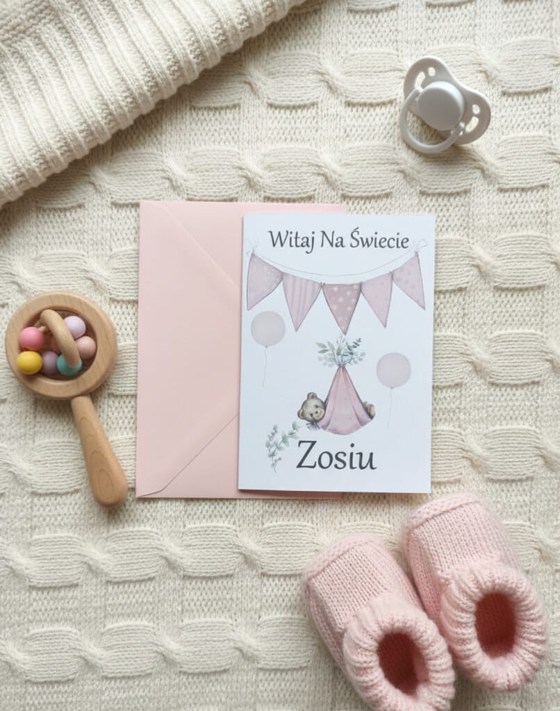 Kartka „Witaj na świecie” dla dziewczynki – personalizowana pamiątka narodzin z imieniem i zdjęciem, elegancki druk na grubym satynowym papierze.