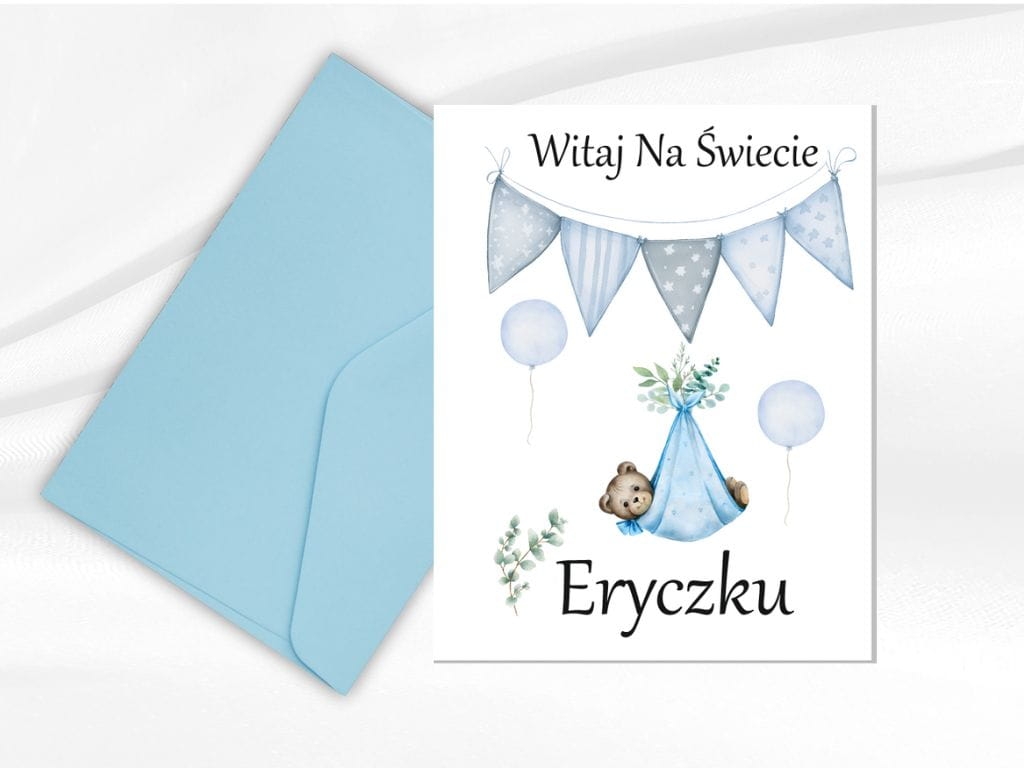 Personalizowana kartka okolicznościowa dla chłopca na narodziny, delikatny design, wysoka jakość druku i elegancka koperta w zestawie.