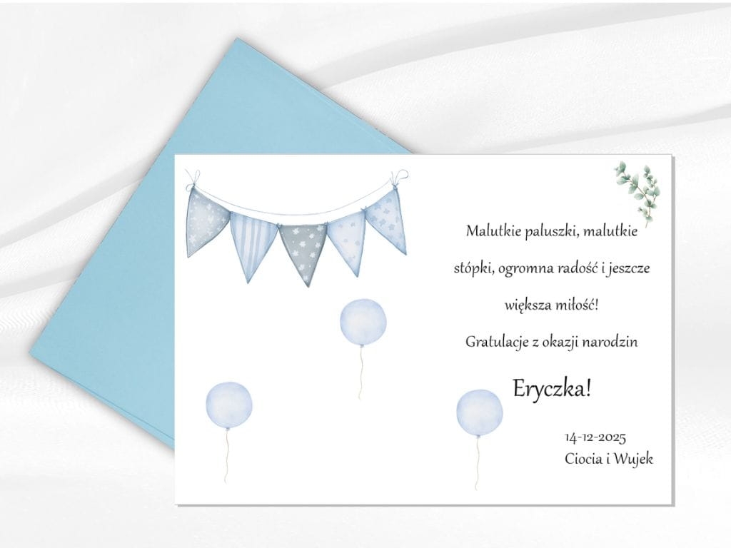 Personalizowana kartka okolicznościowa dla chłopca na narodziny, delikatny design, wysoka jakość druku i elegancka koperta w zestawie.