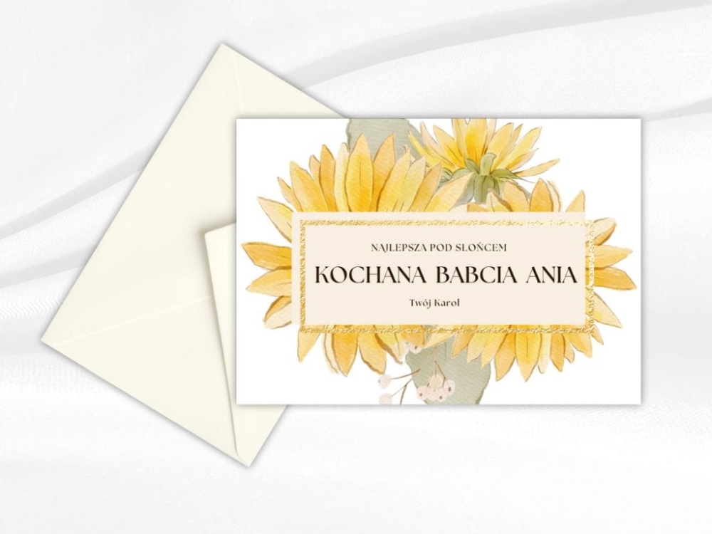 Personalizowana kartka na Dzień Babci i Dziadka ze zdjęciem wnuków, elegancki druk na grubym satynowym papierze, wyjątkowa pamiątka rodzinnego święta.