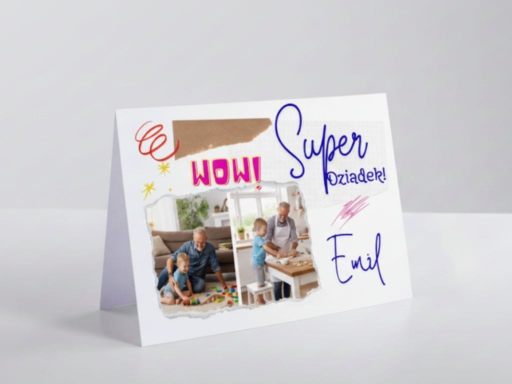 Personalizowana kartka na Dzień Babci i Dziadka ze zdjęciem wnuków, elegancki druk na grubym satynowym papierze, wyjątkowa pamiątka rodzinnego święta.