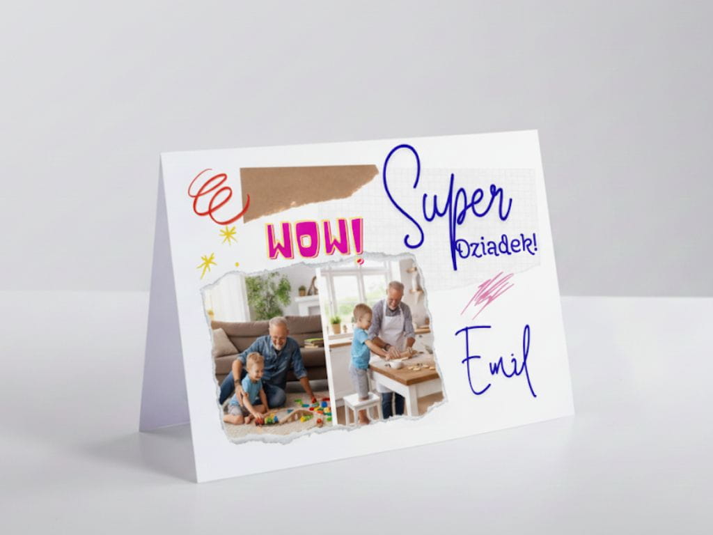 Personalizowana kartka na Dzień Babci i Dziadka ze zdjęciem wnuków, elegancki druk na grubym satynowym papierze, wyjątkowa pamiątka rodzinnego święta.