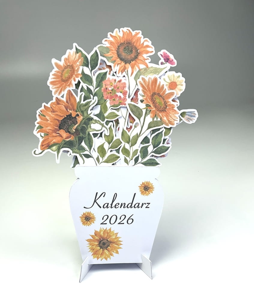 Kalendarz biurkowy eco bez plastiku, z grubego papieru z papierową podstawką. Kwiatowy design – 12 miesięcy, 12 kwiatów. Piękna dekoracja biurka, możliwość dedykacji na prezent.