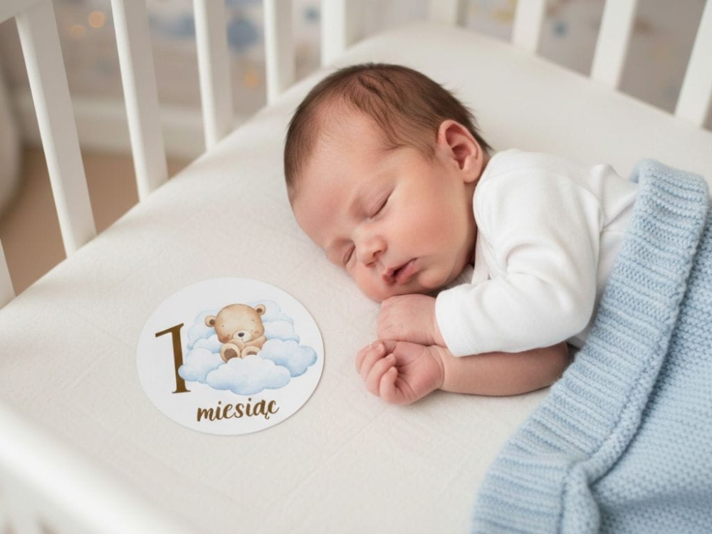 Miesięczne karty do zdjęć dziecka od 1 do 12 miesiąca, papier satynowy 350 g, idealne do dokumentowania rozwoju niemowlaka oraz jako prezent na baby shower lub chrzest.