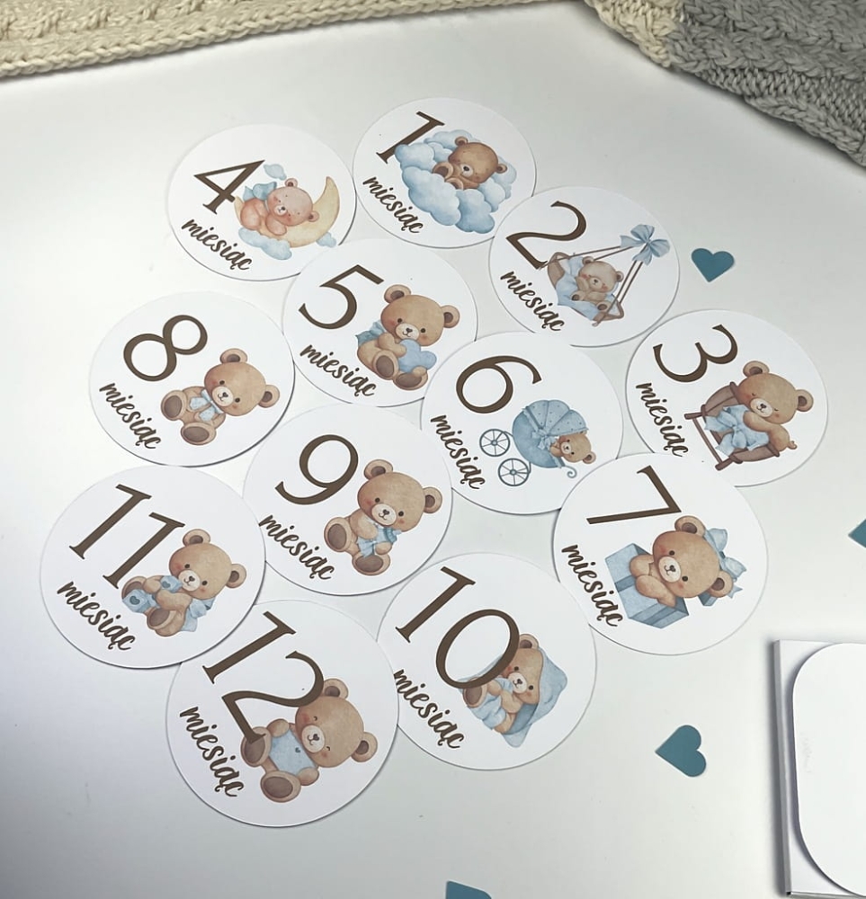 Zestaw kart do zdjęć dziecka 1–12 miesięcy, papier premium 350 g, idealny pomysł na prezent na narodziny, baby shower lub chrzest.