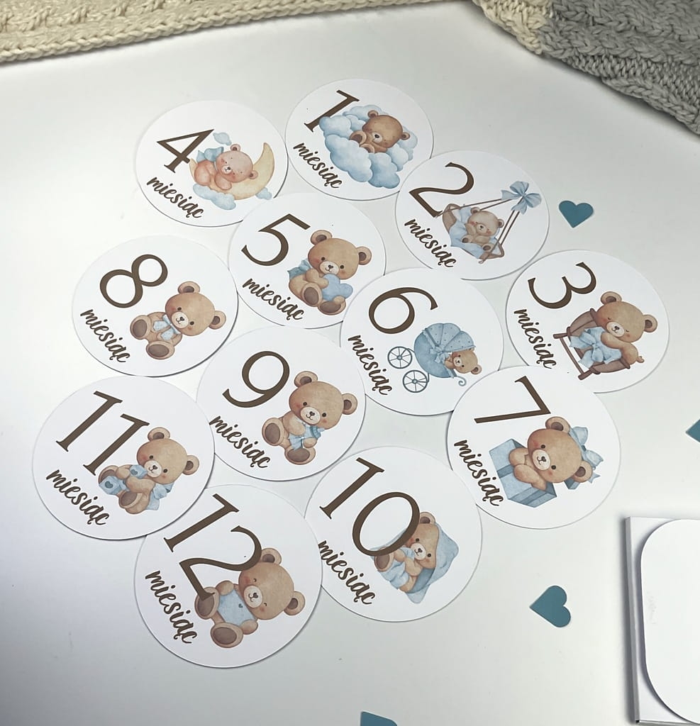 Zestaw kart do zdjęć dziecka 1–12 miesięcy, papier premium 350 g, idealny pomysł na prezent na narodziny, baby shower lub chrzest.
