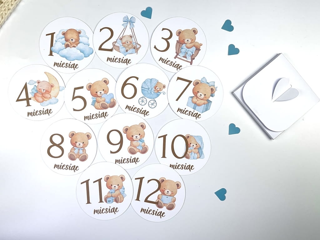 Eleganckie karty do zdjęć miesięcznych niemowlaka, wysokiej jakości druk na papierze satynowym 350 g, doskonałe na sesje zdjęciowe i jako prezent.