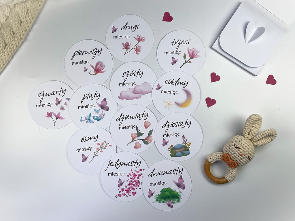 Zestaw kart do zdjęć dziecka 1–12 miesięcy, papier premium 350 g, idealny pomysł na prezent na narodziny, baby shower lub chrzest.