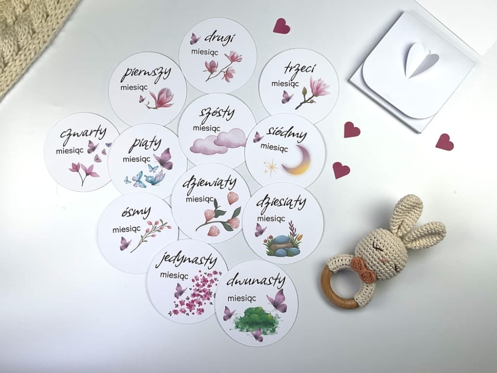 Zestaw kart do zdjęć dziecka 1–12 miesięcy, papier premium 350 g, idealny pomysł na prezent na narodziny, baby shower lub chrzest.
