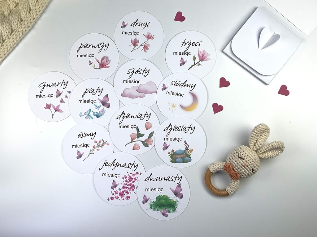 Zestaw kart do zdjęć dziecka 1–12 miesięcy, papier premium 350 g, idealny pomysł na prezent na narodziny, baby shower lub chrzest.