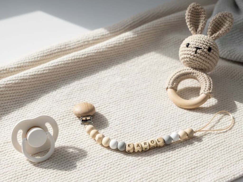 Ręcznie robiona zawieszka do smoczka z imieniem z naturalnego drewna bukowego i świerkowego. Personalizowana, ekologiczna zawieszka z drewnianych koralików, bawełnianej nitki i mocnego sznurka. Idealna na prezent dla dziecka.