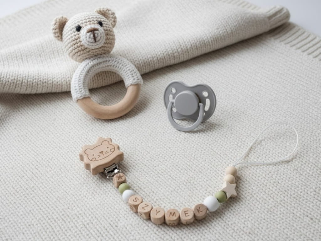 Ręcznie robiona zawieszka do smoczka z drewnianych koralików. Personalizowana imieniem dziecka, bezpieczna i stylowa. Idealny dodatek dla niemowląt i wyjątkowy pomysł na prezent.