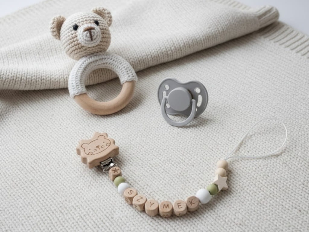 Ręcznie robiona zawieszka do smoczka z drewnianych koralików. Personalizowana imieniem dziecka, bezpieczna i stylowa. Idealny dodatek dla niemowląt i wyjątkowy pomysł na prezent.