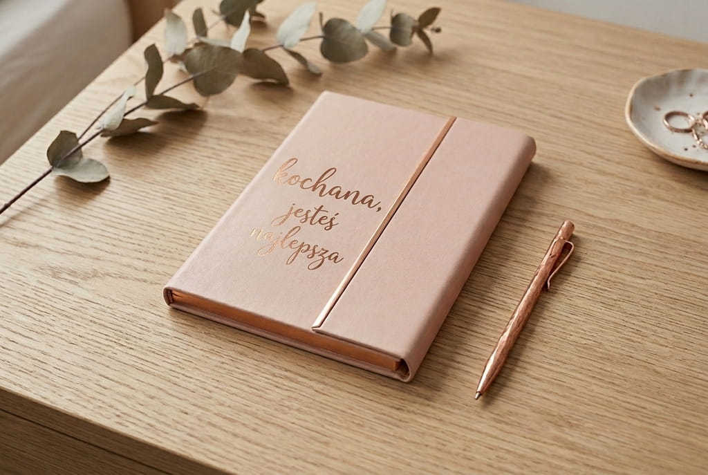 Notes z imieniem lub mottem wykonanym z miedzianej folii Oracal. Stylowy, trwały i wyjątkowy planner z personalizacją – doskonały upominek dla niej i dla niego.