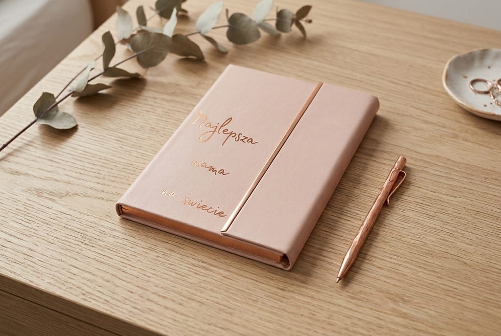 Elegancki notes z wyklejanym napisem w kolorze miedzi. Personalizowana okładka nadaje mu unikalny charakter – idealny jako prezent biznesowy lub pamiątkowy.