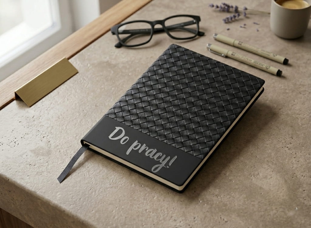 Notatnik w głębokiej czerni z wyklejanym imieniem lub mottem. Trwała folia Oracal i nowoczesny design tworzą wyjątkowy planner.