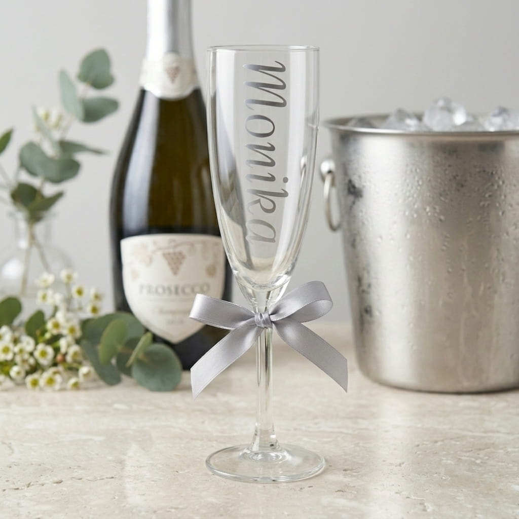 Personalizowany kieliszek do szampana z imieniem dla świadkowej, świadka lub druhny. Napis z folii Oracal, idealny na wieczór panieński i ślubny toast. Mycie ręczne.