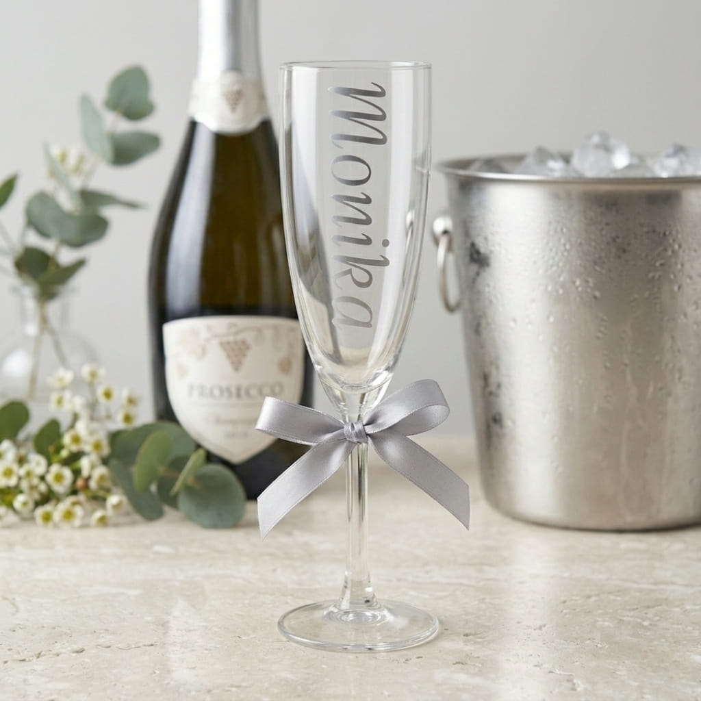 Personalizowany kieliszek do szampana z imieniem dla świadkowej, świadka lub druhny. Napis z folii Oracal, idealny na wieczór panieński i ślubny toast. Mycie ręczne.