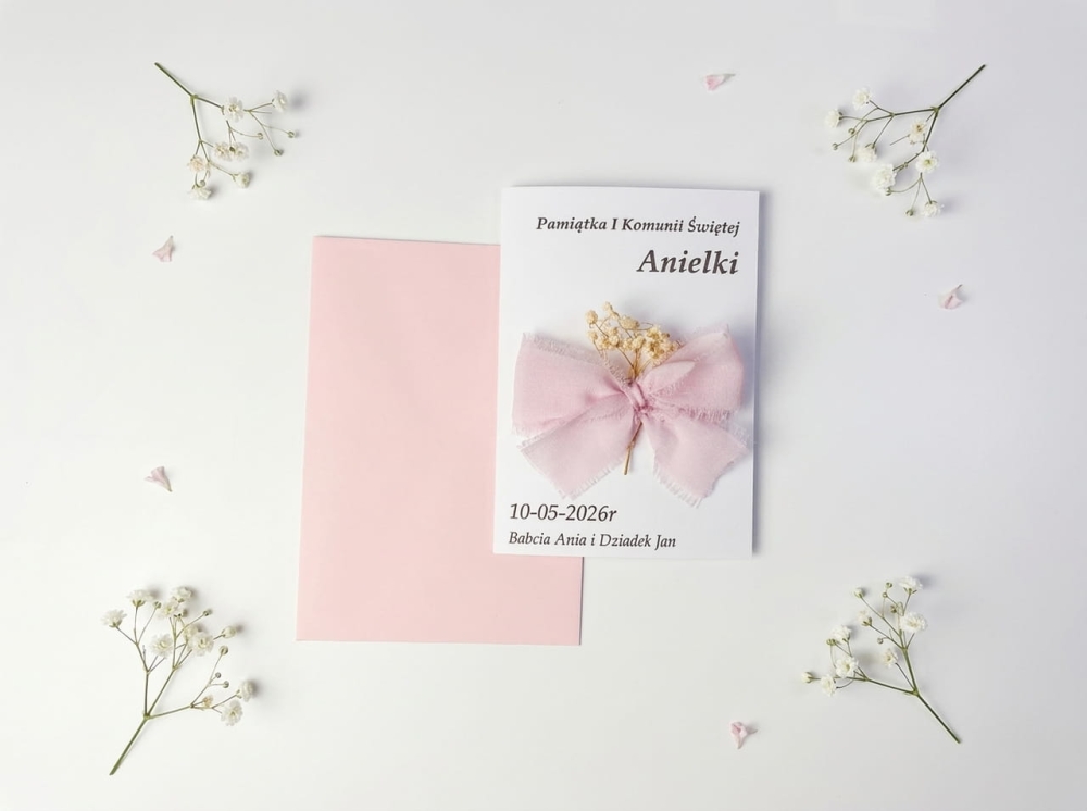 Personalizowana kartka na Komunię dla dziewczynki z imieniem Anielka i datą.