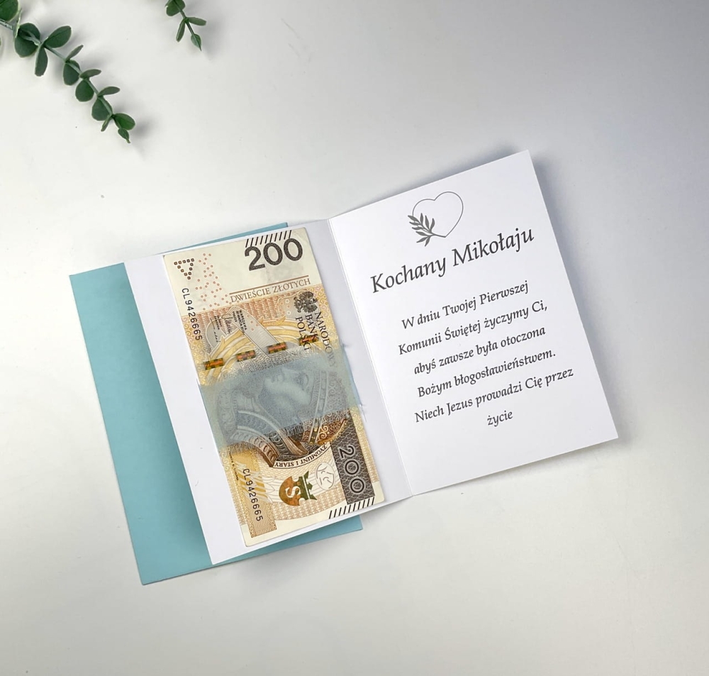 Elegancki karnet komunijny dla wnuczki , wnuszka od dziadków z personalizacją, chrzestnych z kokardką, suszonymi kwiatami