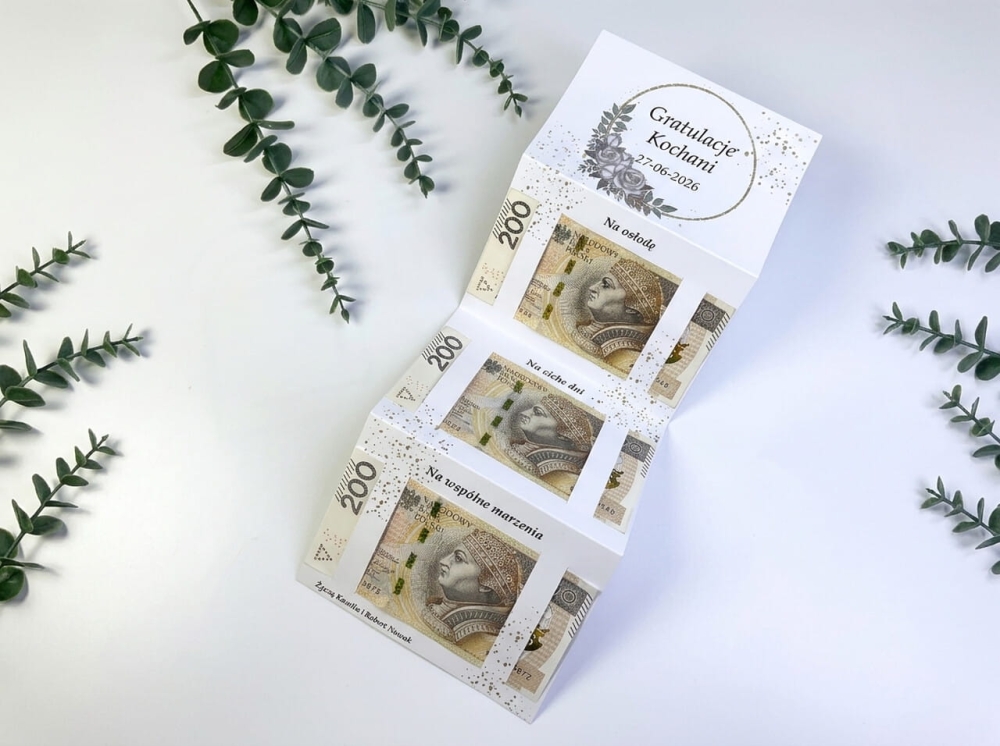Personalizowana kartka ślubna harmonijka na pieniądze z różami.
