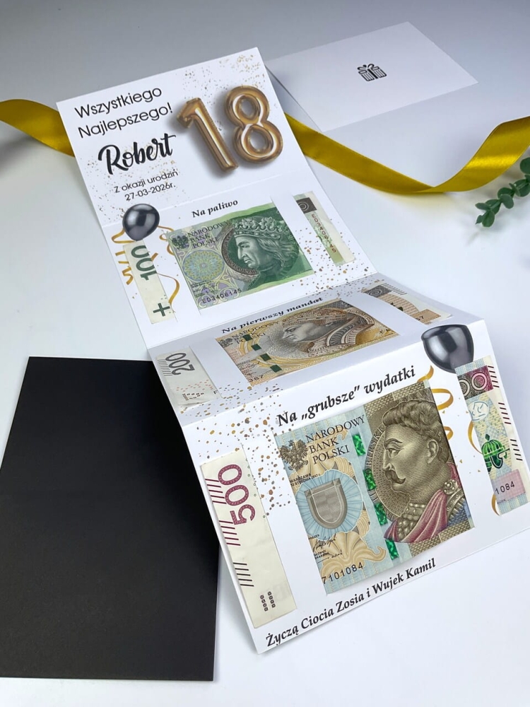 Kreatywna pamiątka na osiemnastkę dla Roberta ze złotymi balonami.