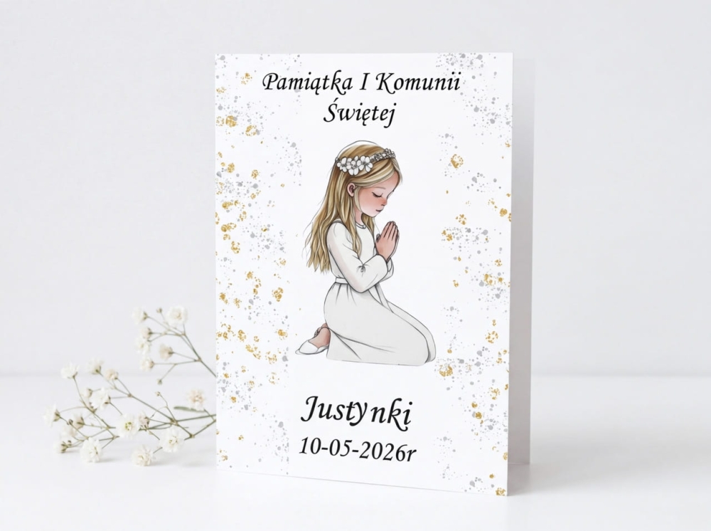 Minimalistyczna kartka na Pierwszą Komunię dla dziewczynki z personalizacją.