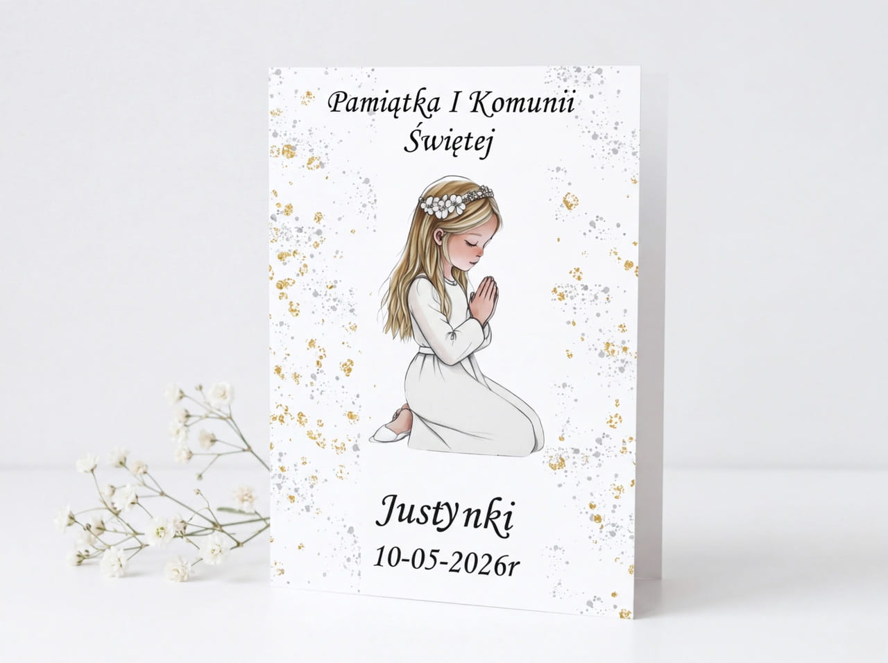 Minimalistyczna kartka na Pierwszą Komunię dla dziewczynki z personalizacją.
