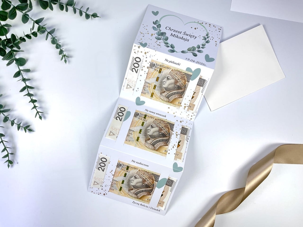 Personalizowana kartka na Chrzest harmonijka z miejscem na pieniądze dla dziecka.